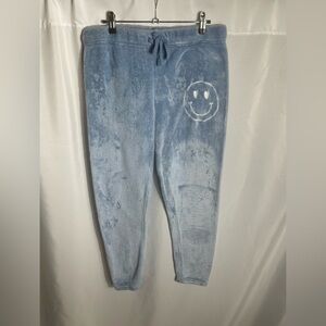 Mighty Fine Plush Joggers L Blue Heart Eyes Smiley Lounge Pants Cozy Fleece